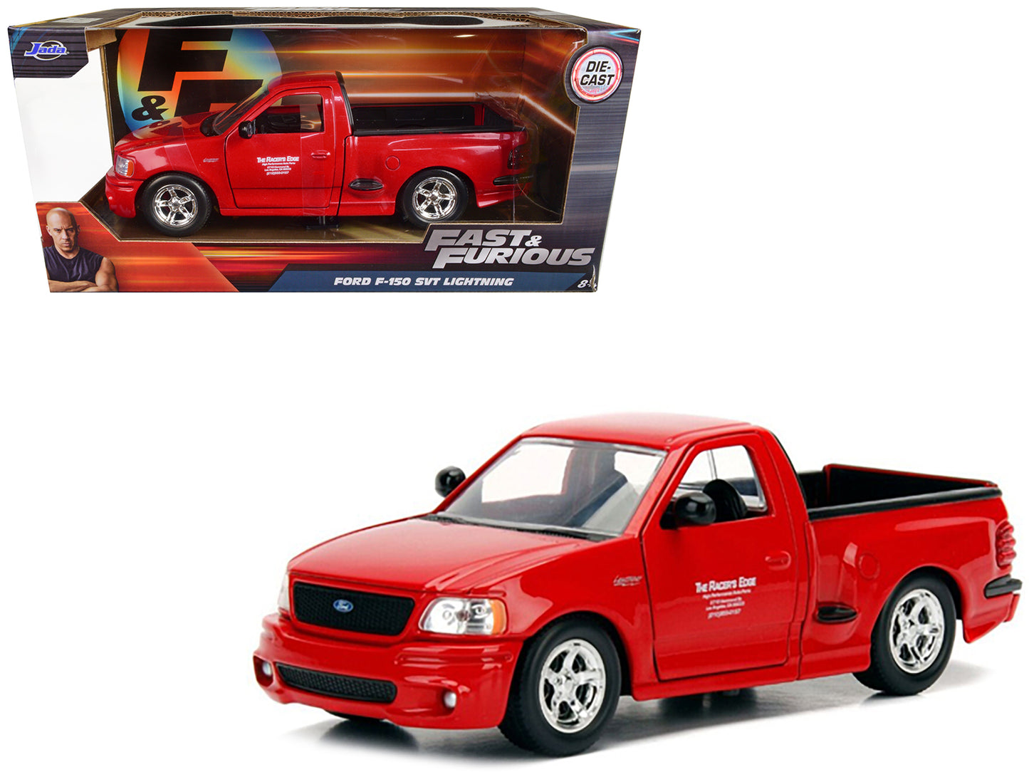 Brand new 1/24 scale diecast car model of Brian's Ford F-150 SVT Lightning Pickup Truck Red Fast Furious Movie die cast model car by Jada.
