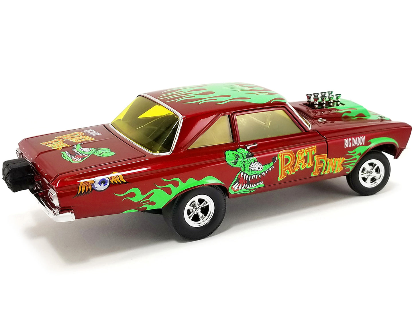 Brand new 1/18 scale diecast car model of 1965 Plymouth AWB Altered Wheel Base Big Daddy Rat Fink Red Metallic with Graphics Limited Edition