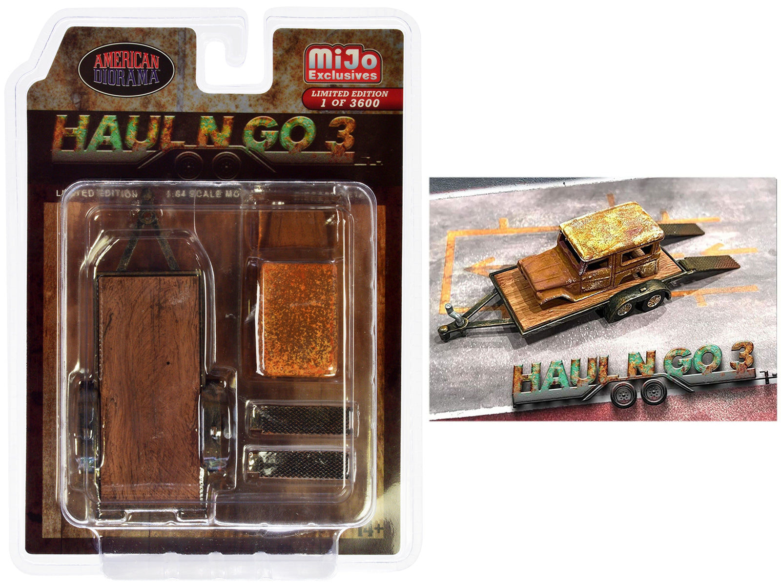 Brand new 1/64 scale diecast models of "Haul N Go 3" 4 piece Diecast Model Set (1 Flatbed Trailer, 1 Abandoned Car, 2 Ra