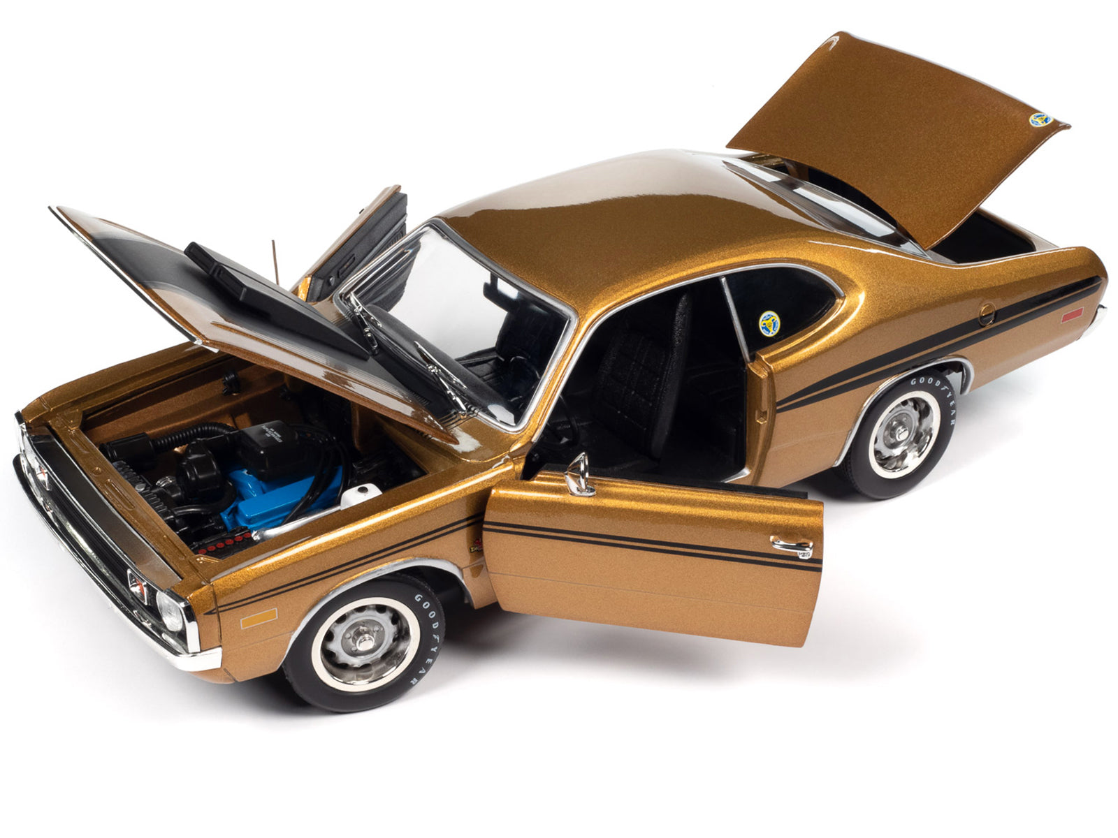 Brand new 1/18 scale diecast car model of Mr Norm's 1972 Dodge Demon GSS SuperCharged Gold Metallic with Black Stripes and Hood American Mus