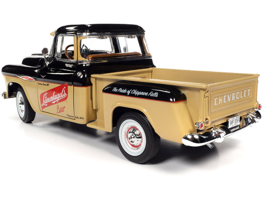 Brand new 1/18 scale diecast car model of 1957 Chevrolet 3100 Stepside Pickup Truck Black and Tan with Graphics Leinenkugle's Beer The Pride