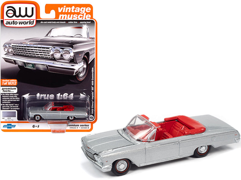 Brand new 1/64 scale diecast car model of 1962 Chevrolet Impala SS 409 Convertible Satin Silver Metallic with Red Interior Vintage Muscle Li