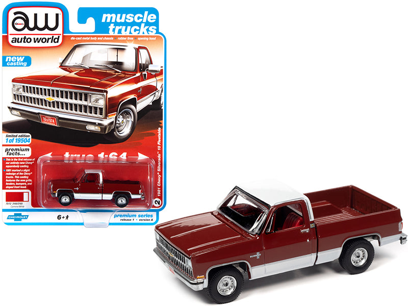 Brand new 1/64 scale diecast car model of 1981 Chevrolet Silverado 10 Fleetside Carmine Red and White with Red Interior 