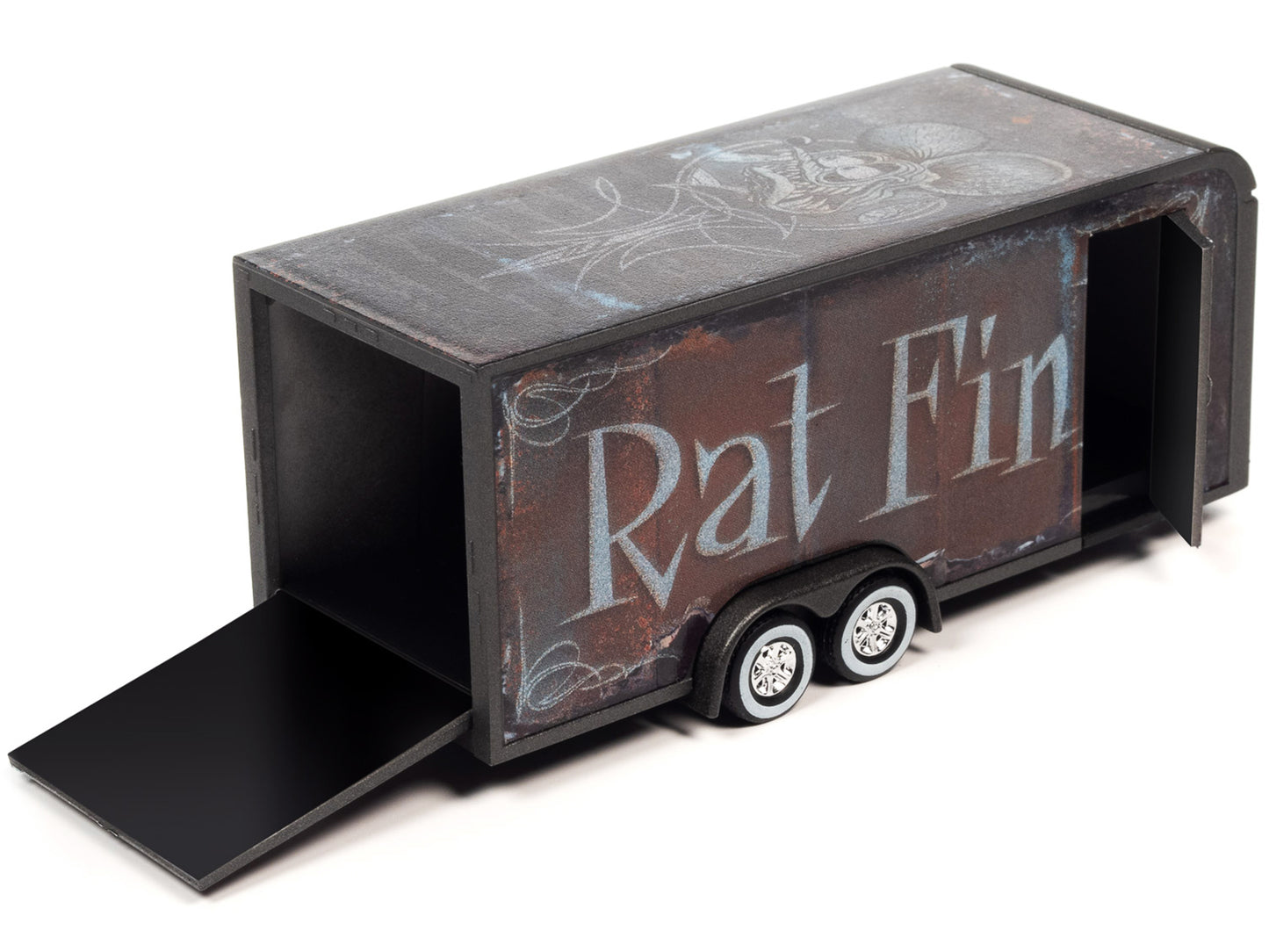 Brand new 1/64 scale diecast model of 4-Wheel Enclosed Car Trailer Dark Gray with Graphics "Rat Fink" die cast model by 