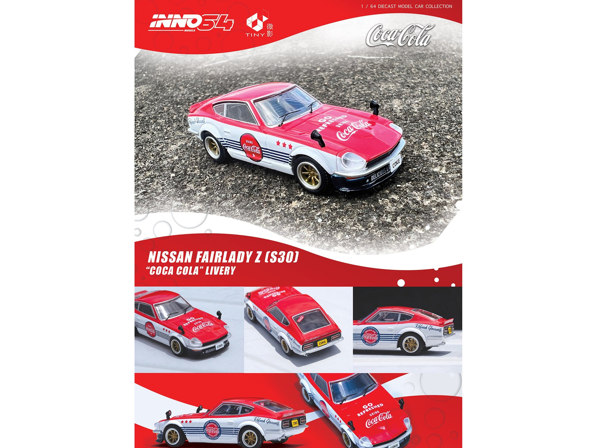 Brand new 1/64 scale diecast car model of Nissan Fairlady Z (S30) RHD (Right Hand Drive) Red and White with Blue Stripes