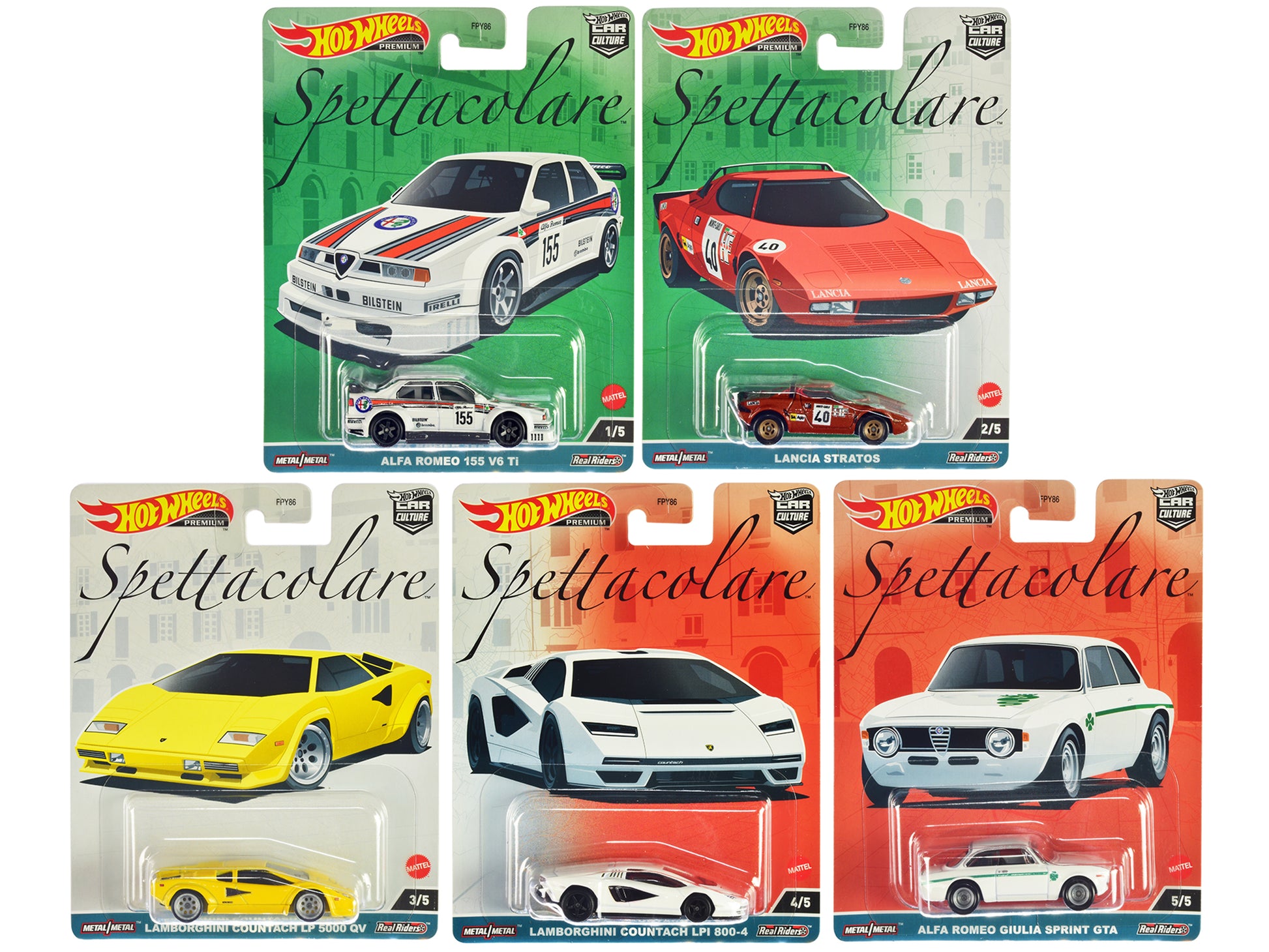 Brand new diecast car models of "Spettacolare" 5 piece Set "Car Culture" Series die cast model cars by Hot Wheels.
Bran