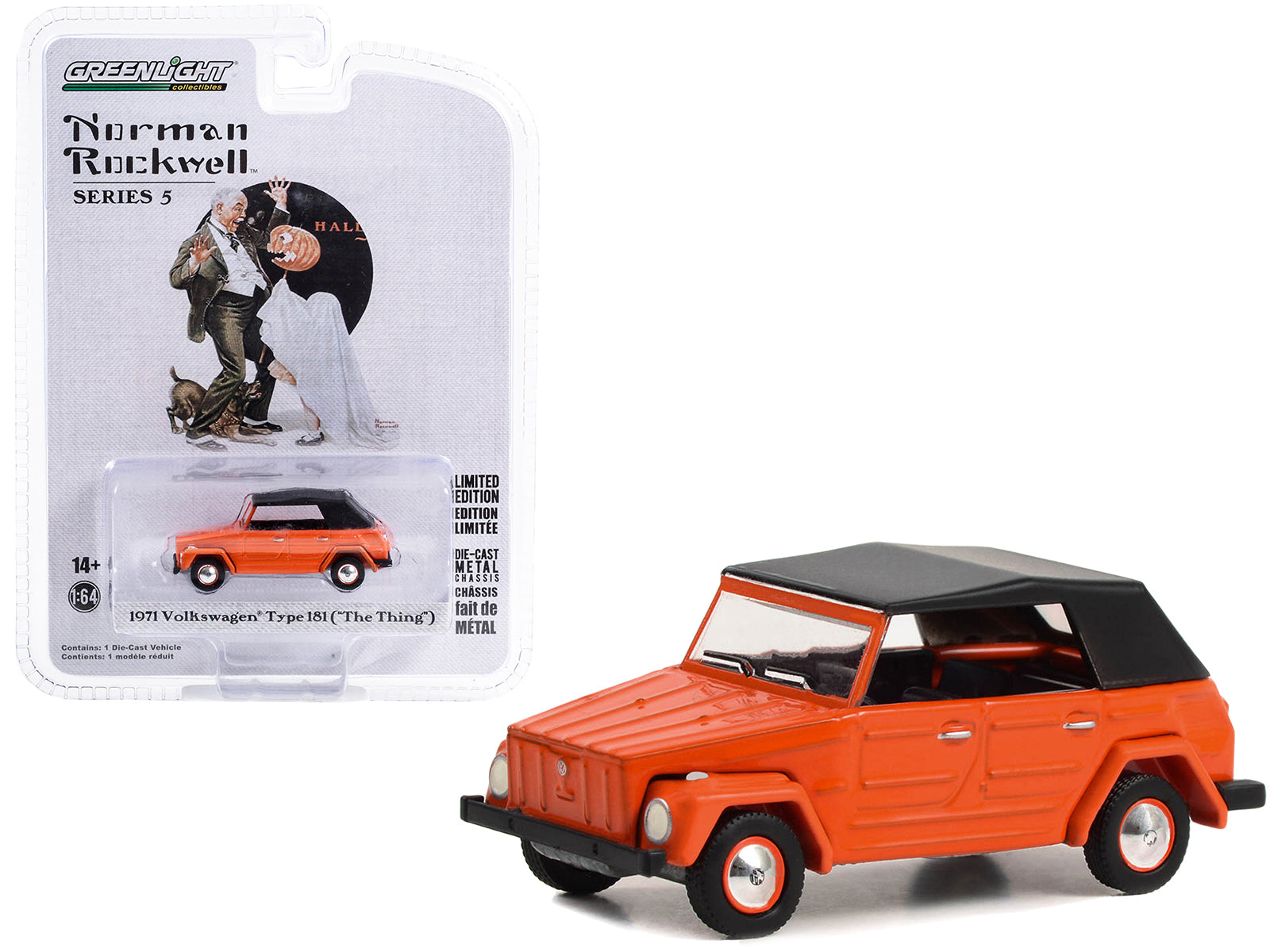 Brand new 1/64 scale diecast car model 1971 Volkswagen Thing Type 181 Orange with Black Top Trick or Treat Norman Rockwell Series 5 die cast