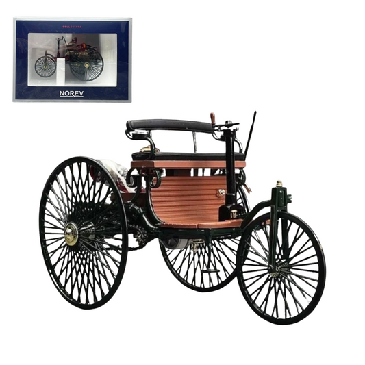 A diecast scale replica model of an 1886 Benz Patent Motorwagen car.