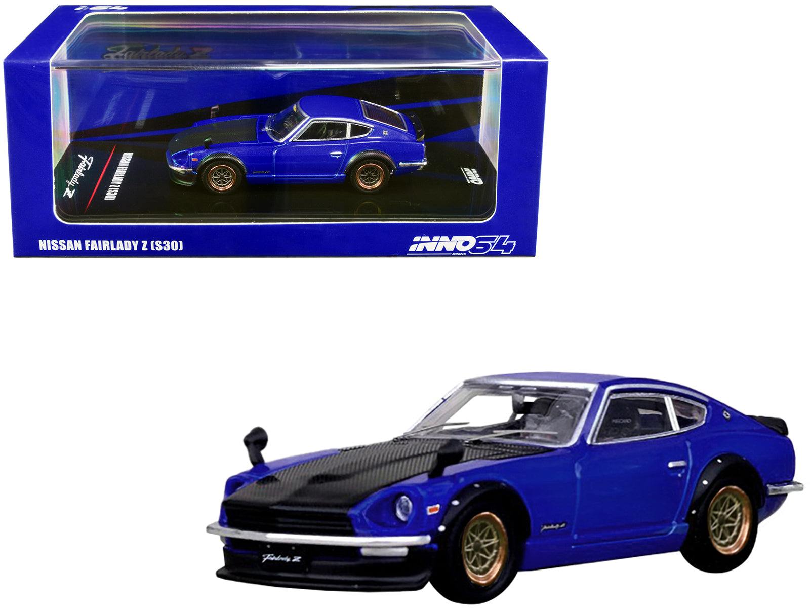 Brand new 1/64 scale diecast car model of Nissan Fairlady Z (S30) RHD (Right Hand Drive) Blue Metallic with Carbon Hood 