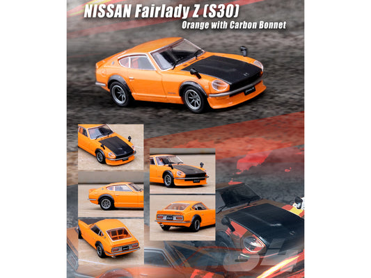 Brand new 1/64 scale diecast car model of Nissan Fairlady Z (S30) RHD (Right Hand Drive) Orange with Carbon Hood die cas