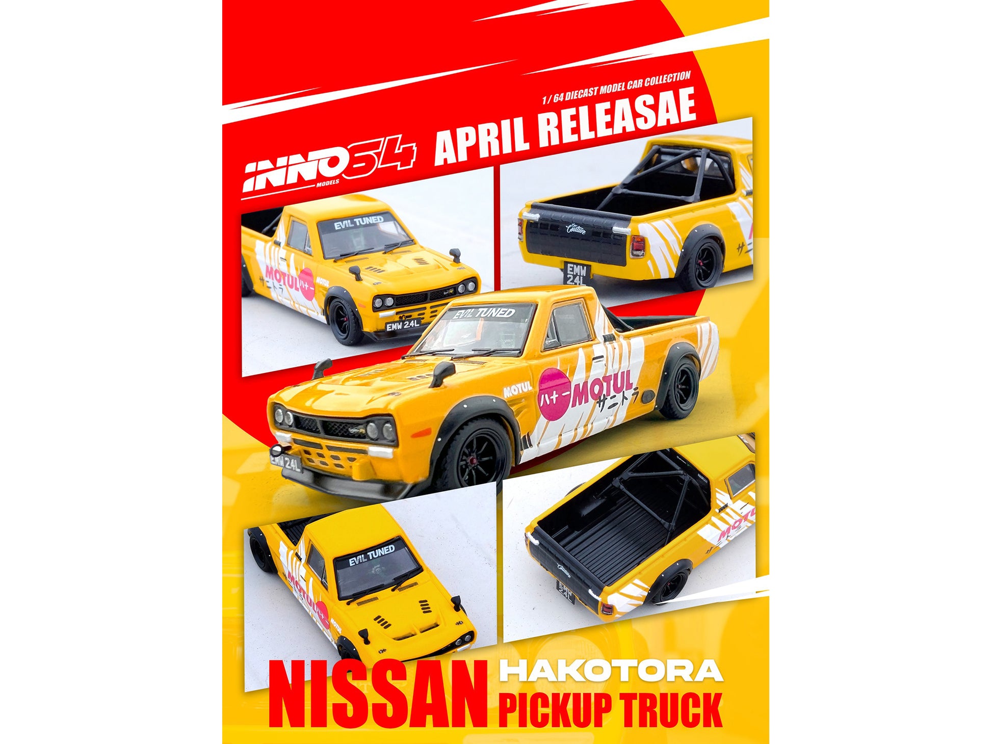 Brand new 1/64 scale diecast car model of Nissan Sunny "Hakotora" Pickup Truck RHD (Right Hand Drive) "Motul" Yellow wit