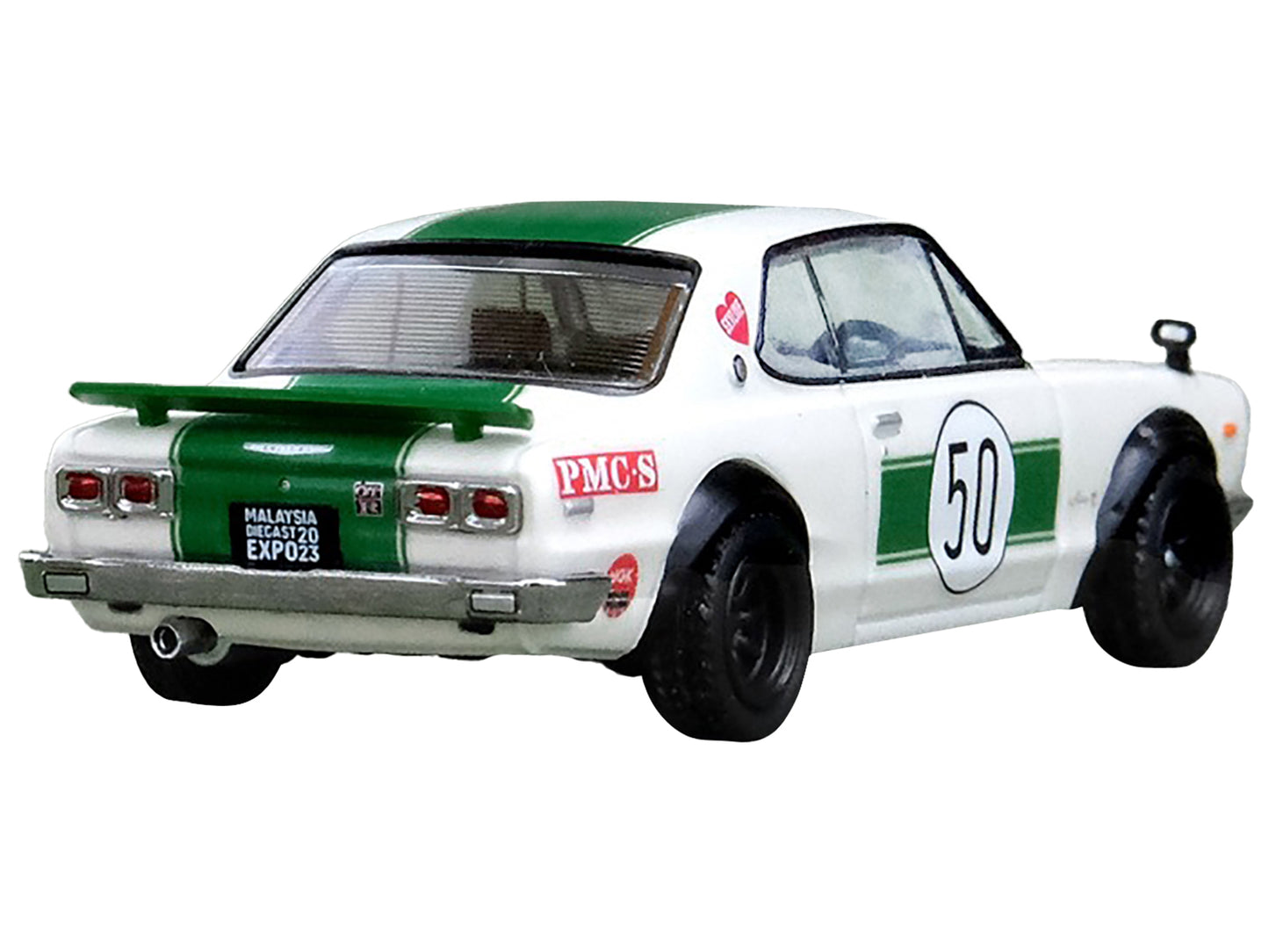 Brand new 1/64 scale diecast car model of Nissan Skyline 2000 GT-R (KPGC10) #50 RHD (Right Hand Drive) White with Green 