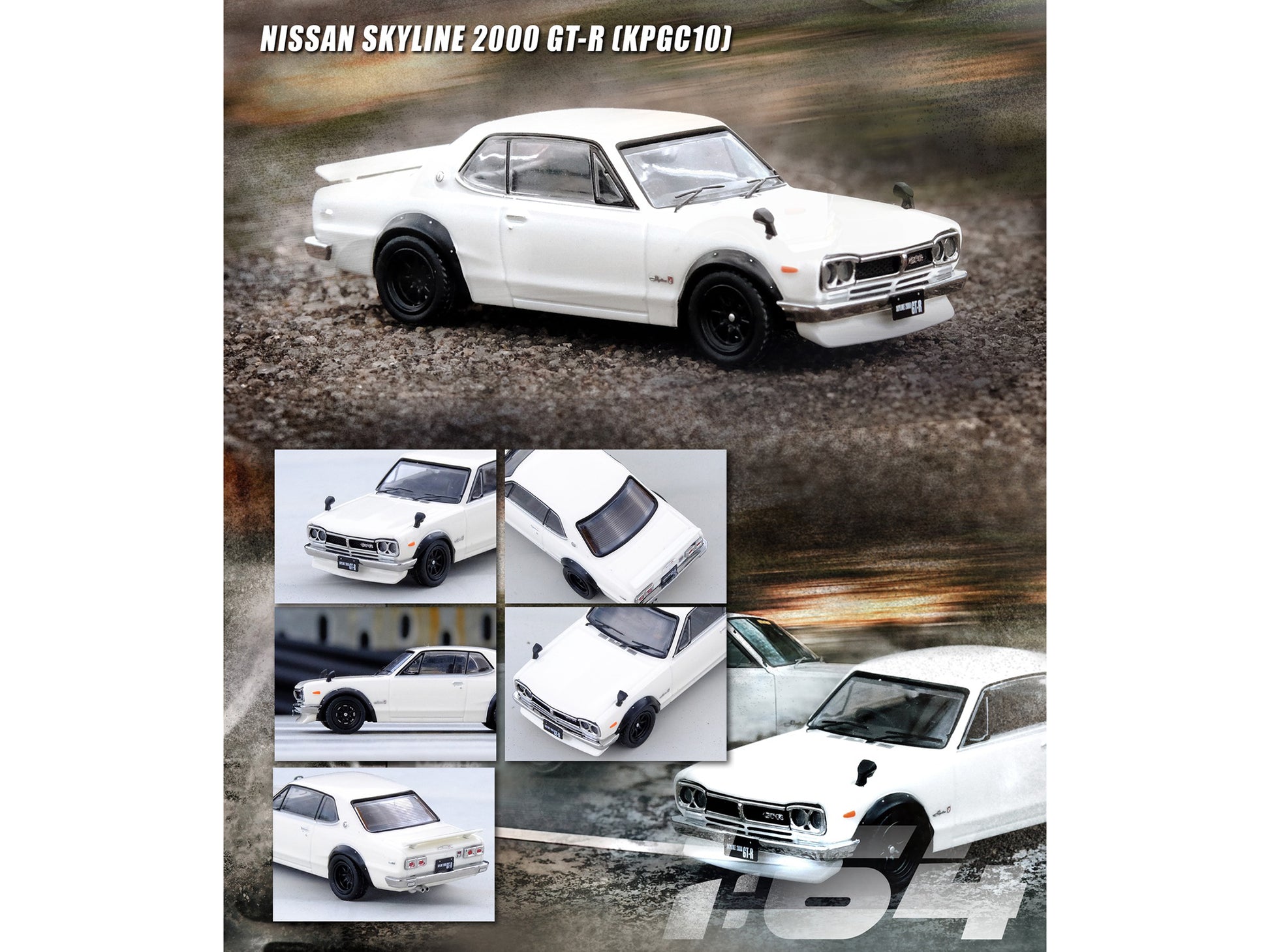 Brand new 1/64 scale diecast car model of Nissan Skyline 2000 GT-R (KPGC10) RHD (Right Hand Drive) White die cast model 