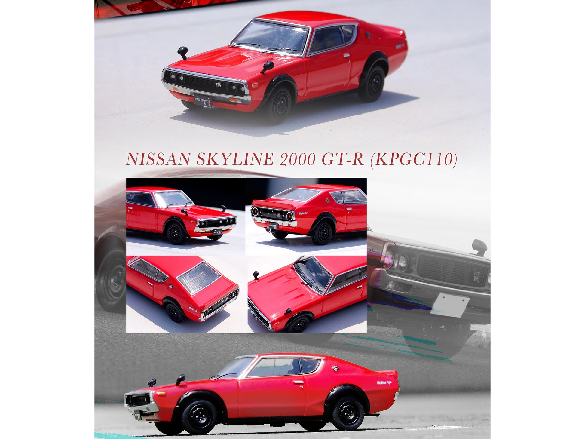 Brand new 1/64 scale diecast car model of Nissan Skyline 2000 GT-R (KPGC110) RHD (Right Hand Drive) Red die cast model c