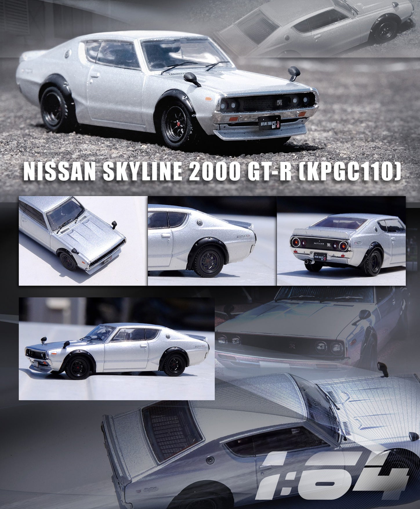 Brand new 1/64 scale diecast car model of Nissan Skyline 2000 GT-R (KPGC110) RHD (Right Hand Drive) Silver Metallic die 