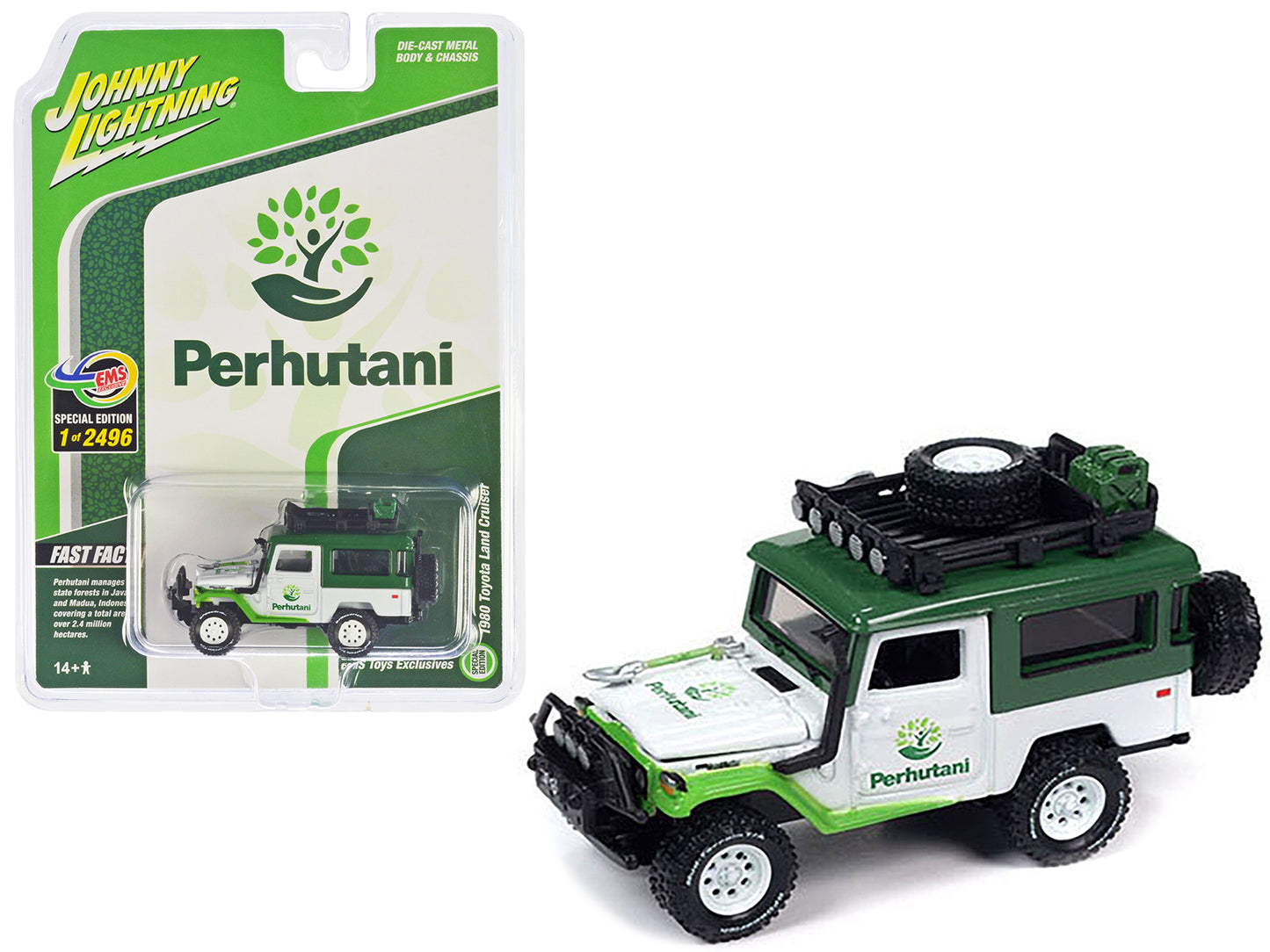 Brand new 1/64 scale diecast car model of 1980 Toyota Land Cruiser White and Green "Perhutani" with Roof Rack Limited Ed