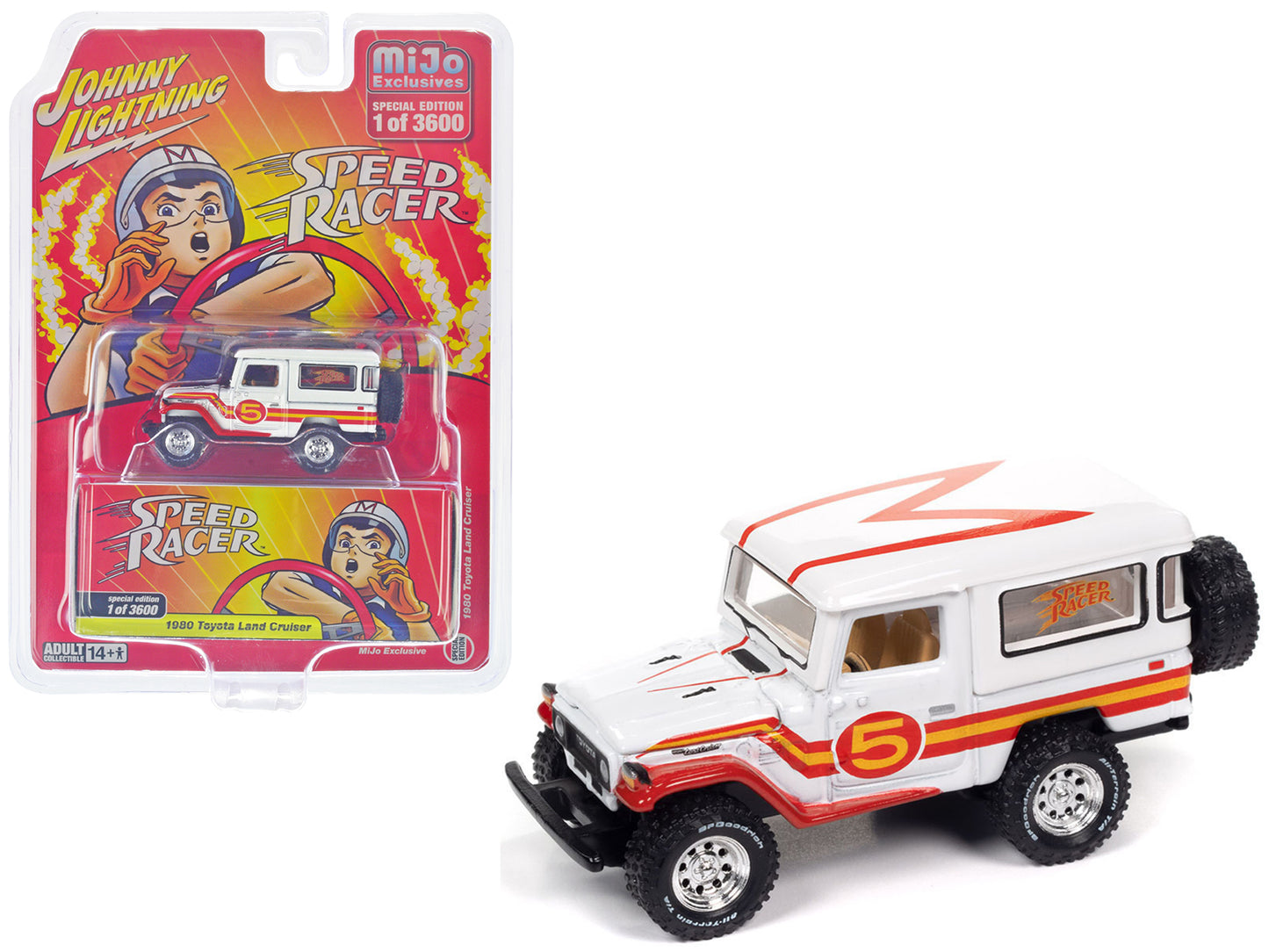 Brand new 1/64 scale diecast car model of 1980 Toyota Land Cruiser White with Red and Yellow Stripes "Speed Racer" Liver