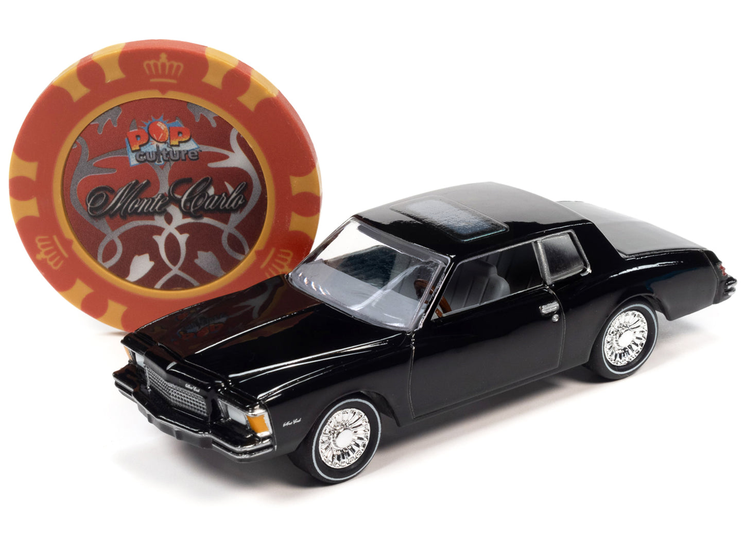 Brand new 1/64 scale diecast car model of 1979 Chevrolet Monte Carlo Black with Poker Chip and Game Card Trivial Pursuit Pop Culture 2023 Re