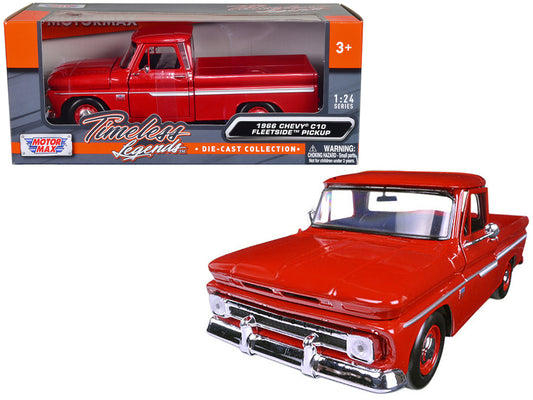 Brand new 1/24 scale diecast car model of 1966 Chevrolet C10 Fleetside Pickup Truck Red die cast model car by Motormax.
