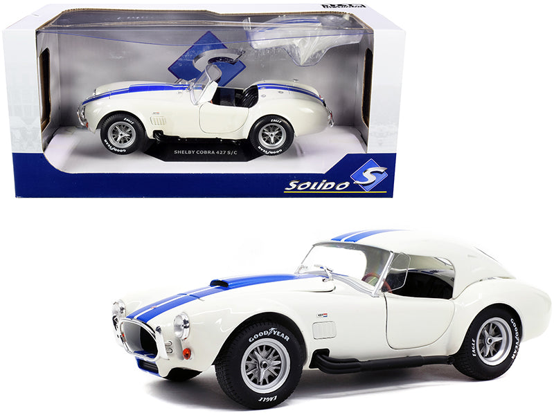 Brand new 1/18 scale diecast car model of Shelby Cobra 427 S/C Convertible Wimbledon White with Blue Stripes die cast mo