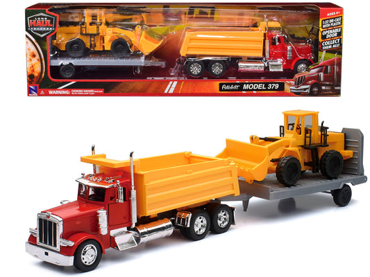 Brand new 1/32 scale diecast model of Peterbilt 379 Dump Truck Red and Wheel Loader Yellow with Flatbed Trailer "Long Ha