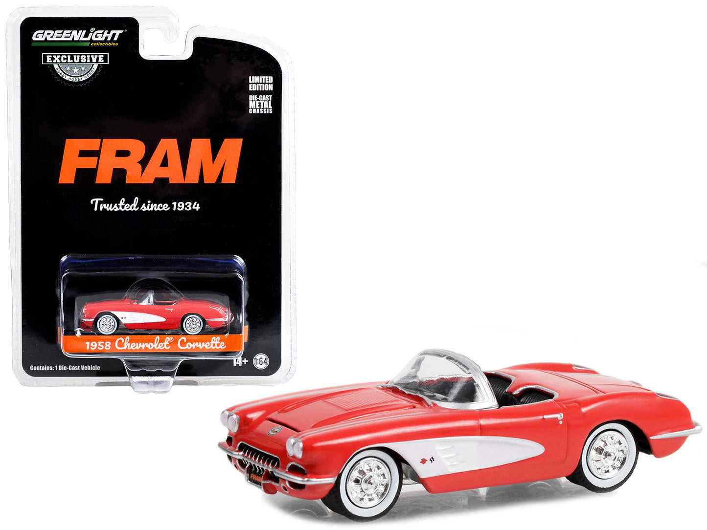 Brand new 1/64 scale diecast car model of 1958 Chevrolet Corvette Convertible Red FRAM Oil Filters: Trusted Since 1934 Hobby Exclusive Serie