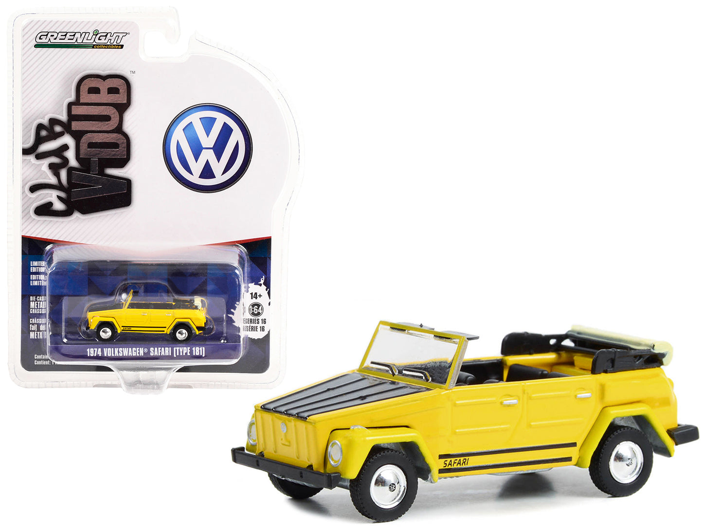 Brand new 1/64 scale diecast car model of 1974 Volkswagen Safari Type 181 Convertible Yellow with Black Hood Club Vee V-Dub Series 16 die ca