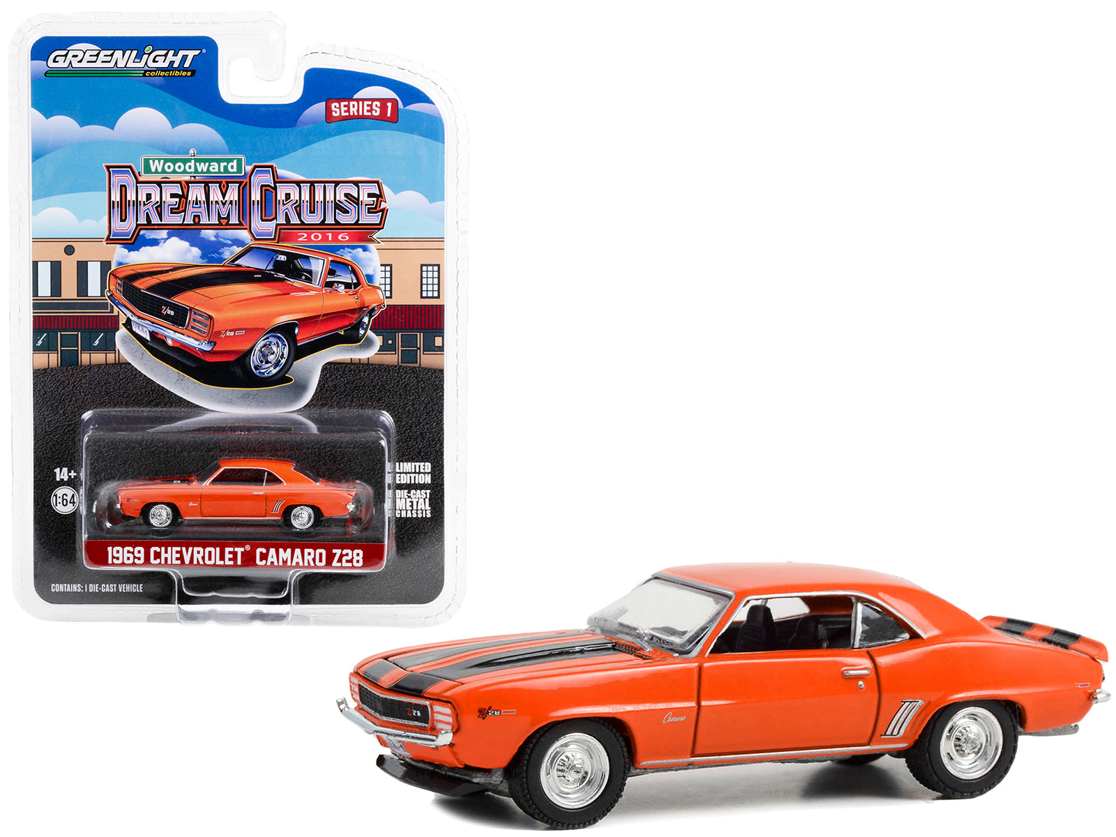 Brand new 1/64 scale diecast car model of 1969 Chevrolet Camaro Z/28 Orange with Black Stripes 22nd Annual Woodward Dream Cruise Featured He