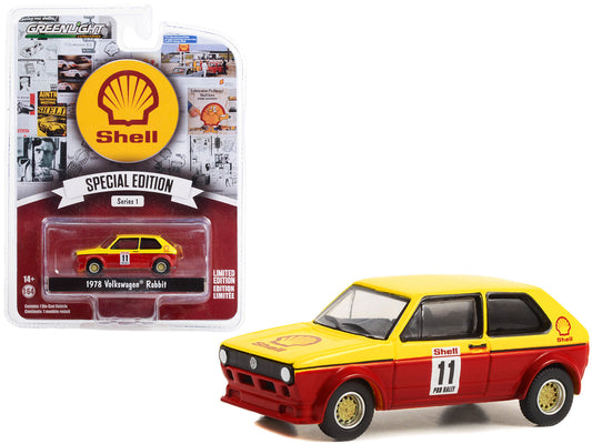 Brand new 1/64 scale diecast car model of 1978 Volkswagen Rabbit #11 Pro Rally Yellow and Red "Shell Oil" "Shell Oil Spe