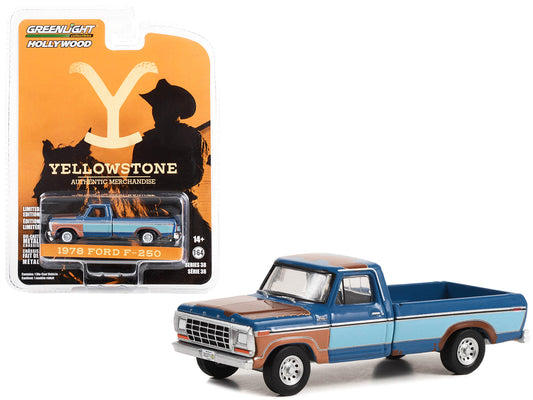Brand new 1/64 scale diecast car model of 1978 Ford F-250 Pickup Truck Blue and Light Blue Two-Tone (Rusted) "Yellowston