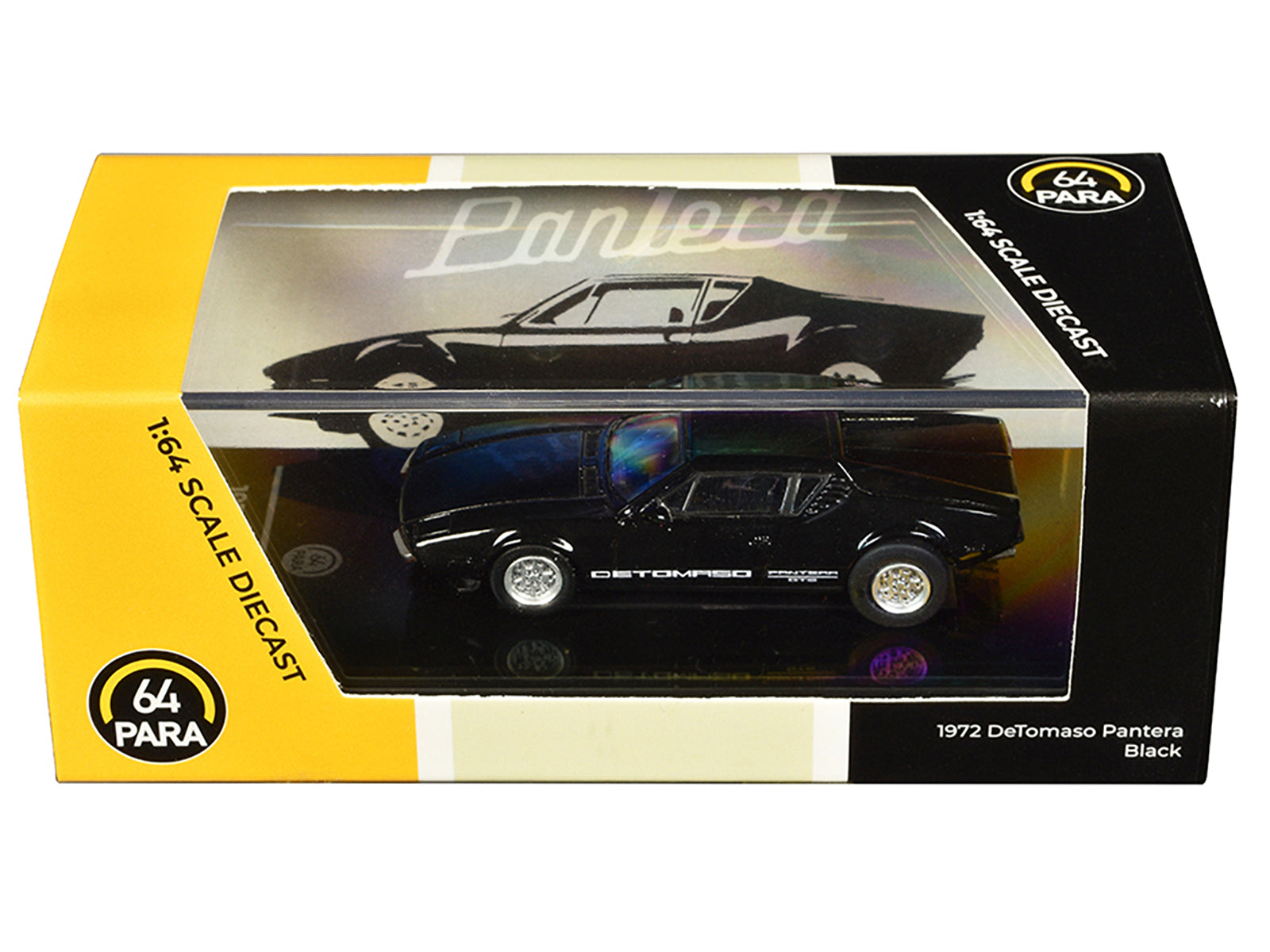 Brand new 1/64 scale diecast car model of 1972 De Tomaso Pantera Black die cast model car by Paragon.
Brand new box.
Det